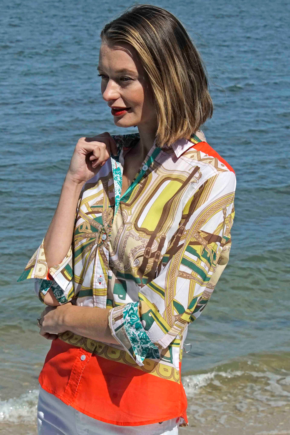 3/4 Sleeve Melon and Chartreuse Wagon Wheel Print from KADOU Boutique