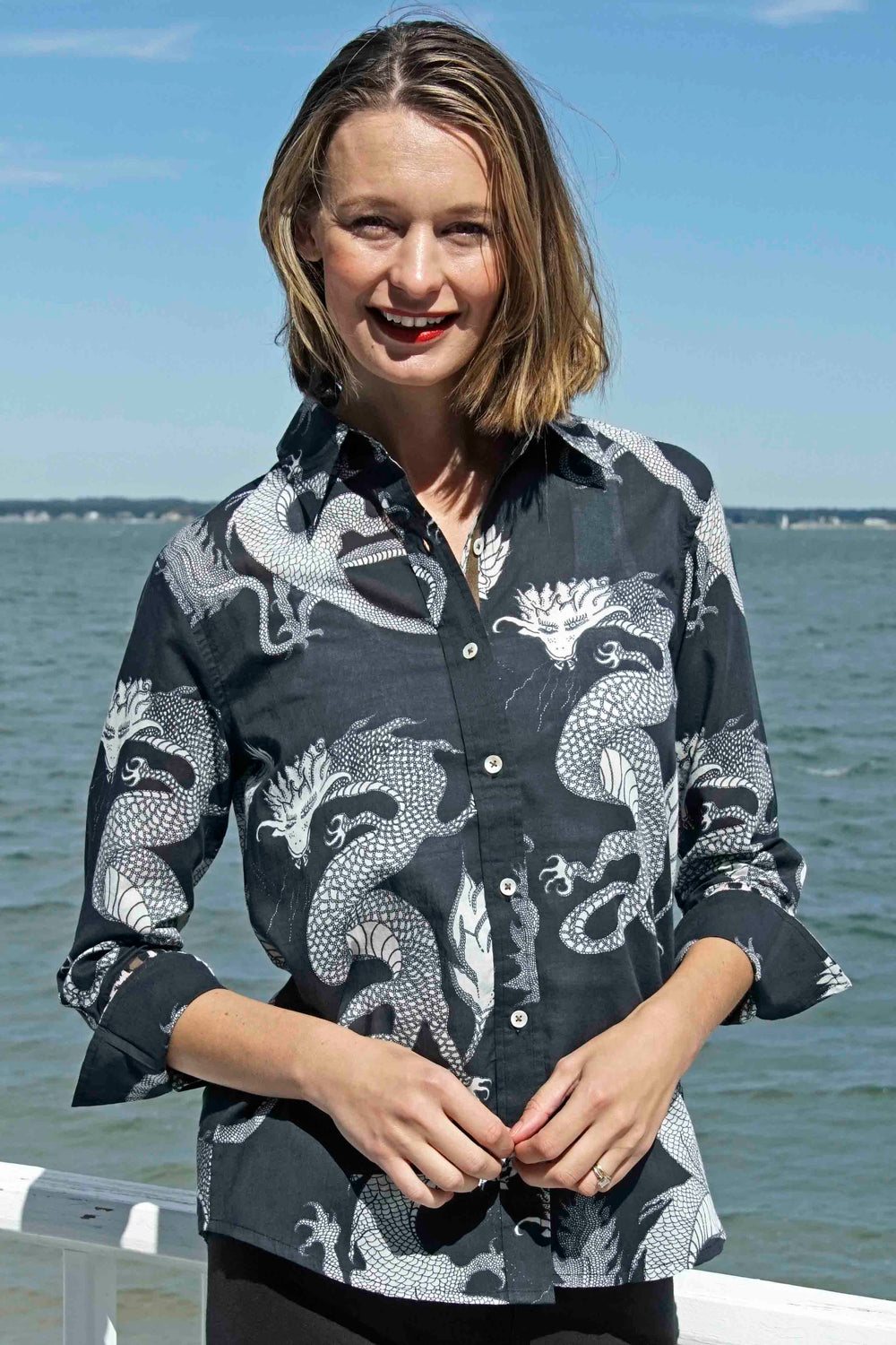 3/4 Sleeve Rome Shirt Black and White Dragons On Voile from KADOU Boutique