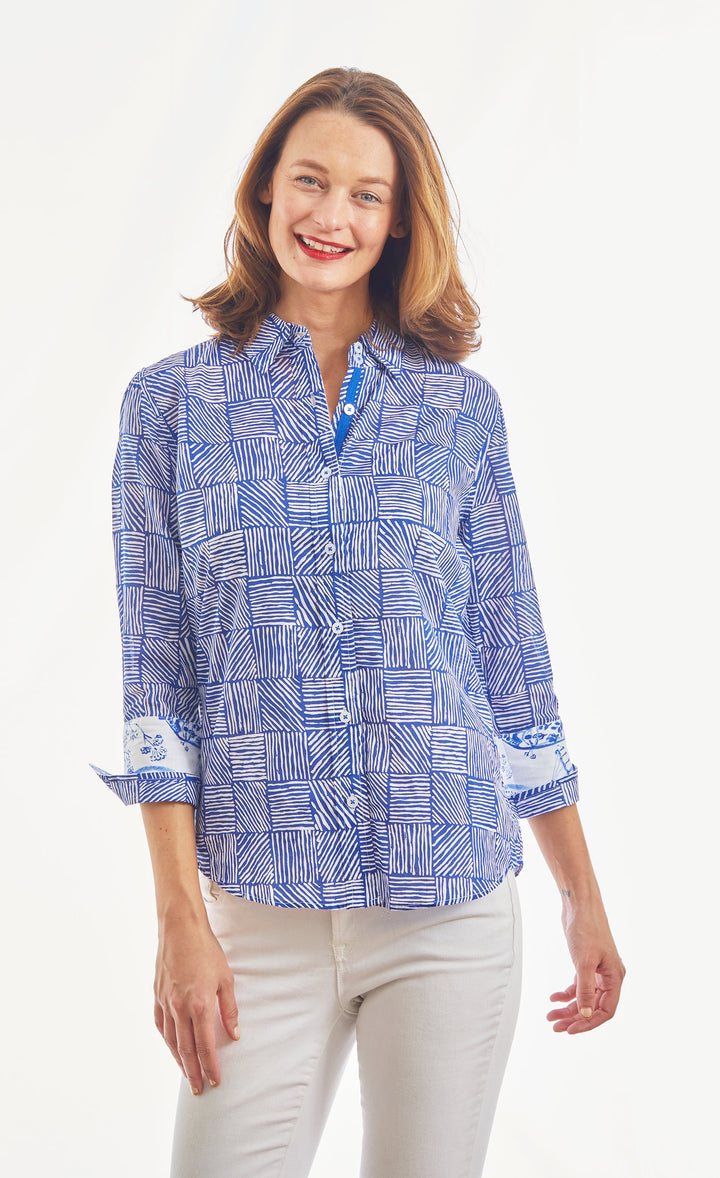 3/4 Sleeve Rome Navy White Criss Cross Boxes from KADOU Boutique