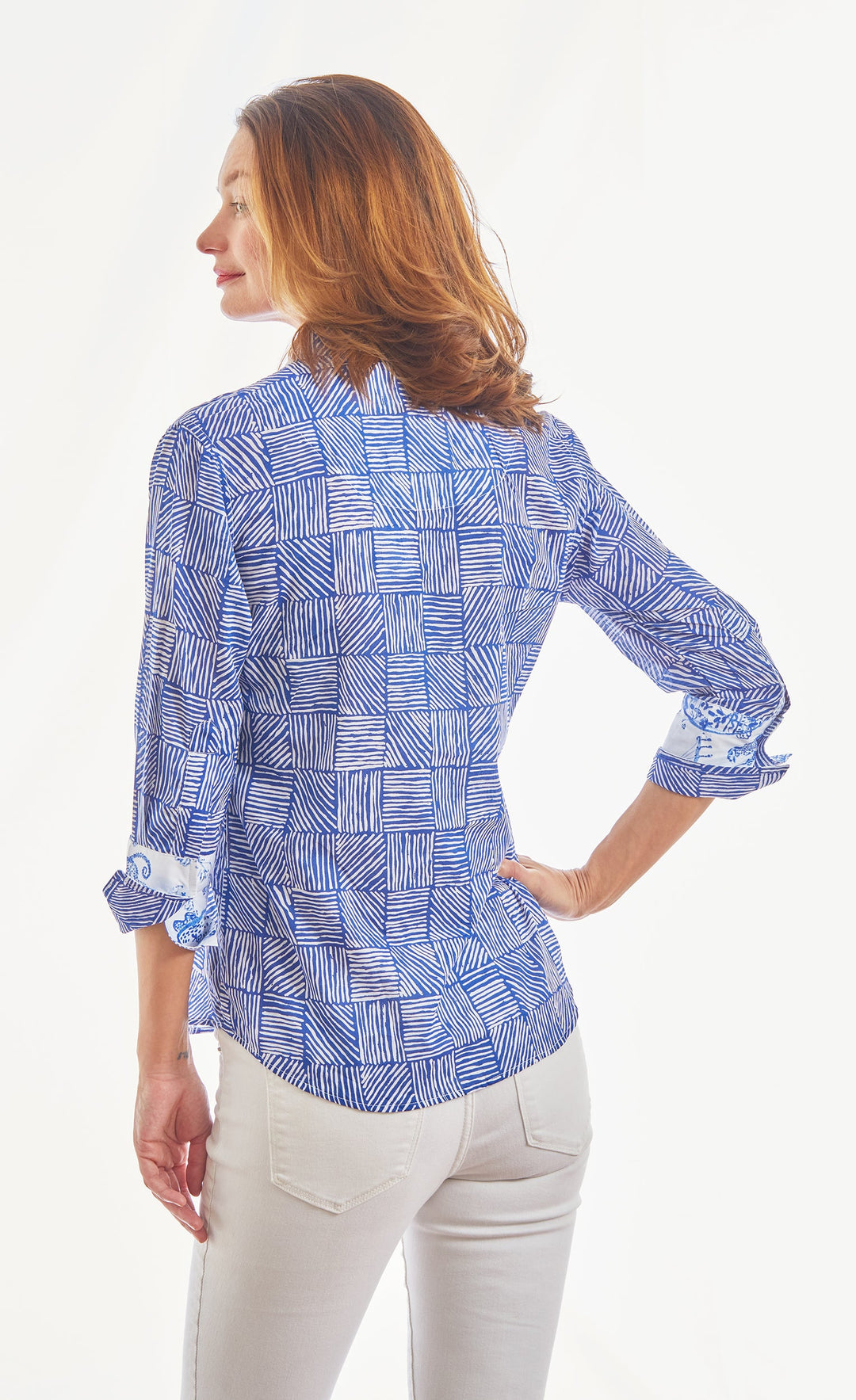 3/4 Sleeve Rome Navy White Criss Cross Boxes from KADOU Boutique