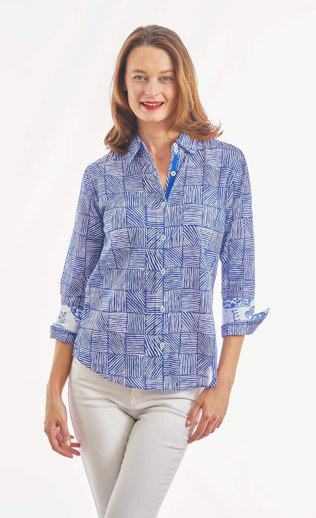 3/4 Sleeve Rome Navy White Criss Cross Boxes from KADOU Boutique