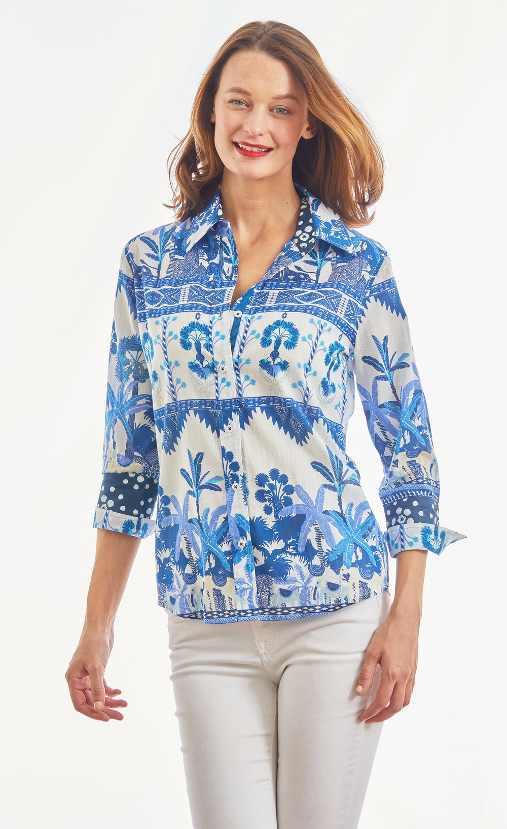 3/4 Sleeve Ikat with Elephant Print Blues and White from KADOU Boutique