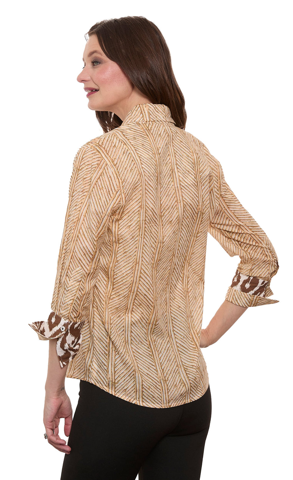 3/4 Sleeve Rome Shirt Khaki White Voile Wicker Print from KADOU Boutique