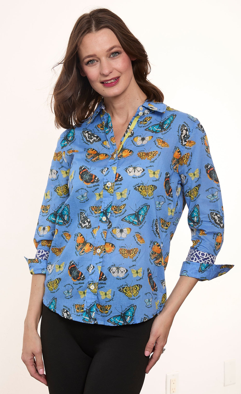 3/4 Sleeve Rome Shirt Blue Ground Cotton Voile Butterfly Print from KADOU Boutique