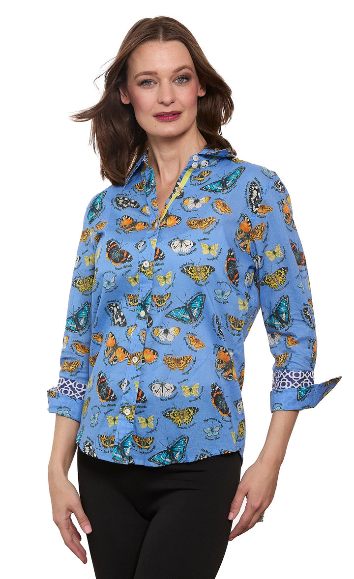 3/4 Sleeve Rome Shirt Blue Ground  Cotton Voile Butterfly Print
