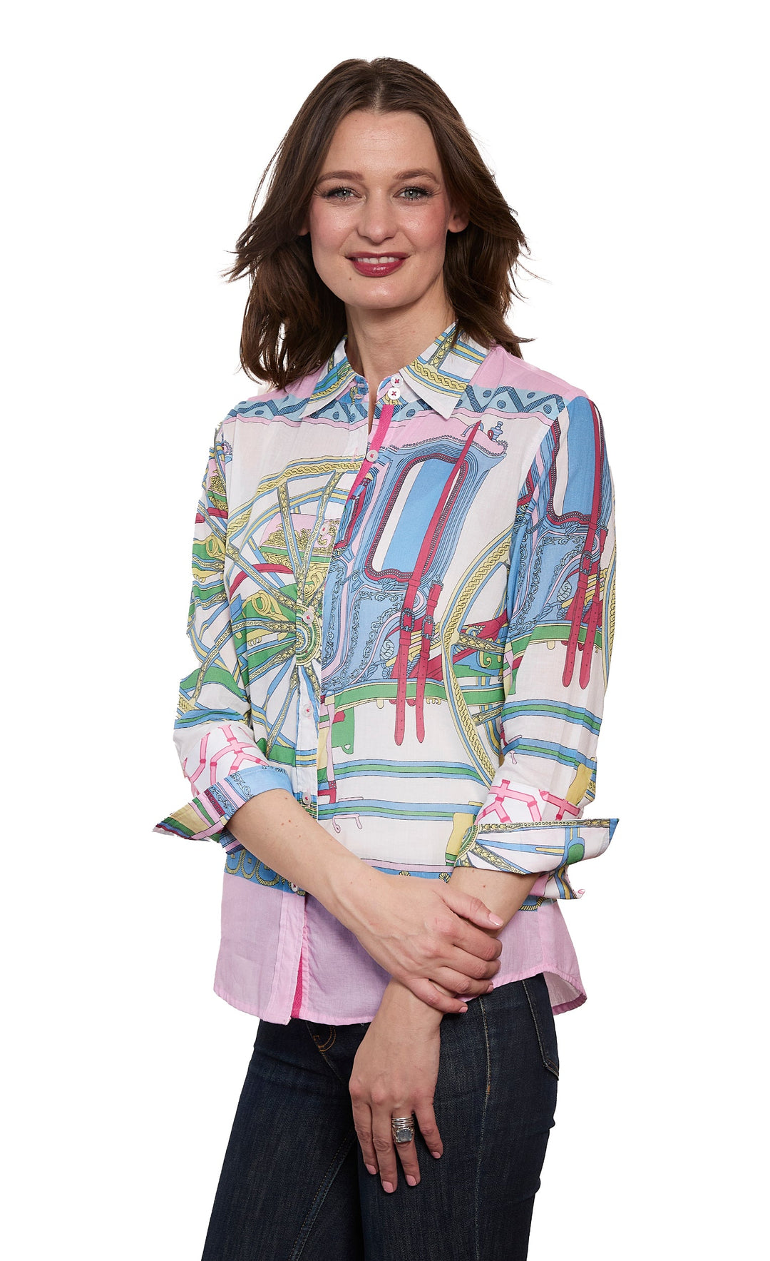 Woman wearing a colorful patterned shirt on a white background