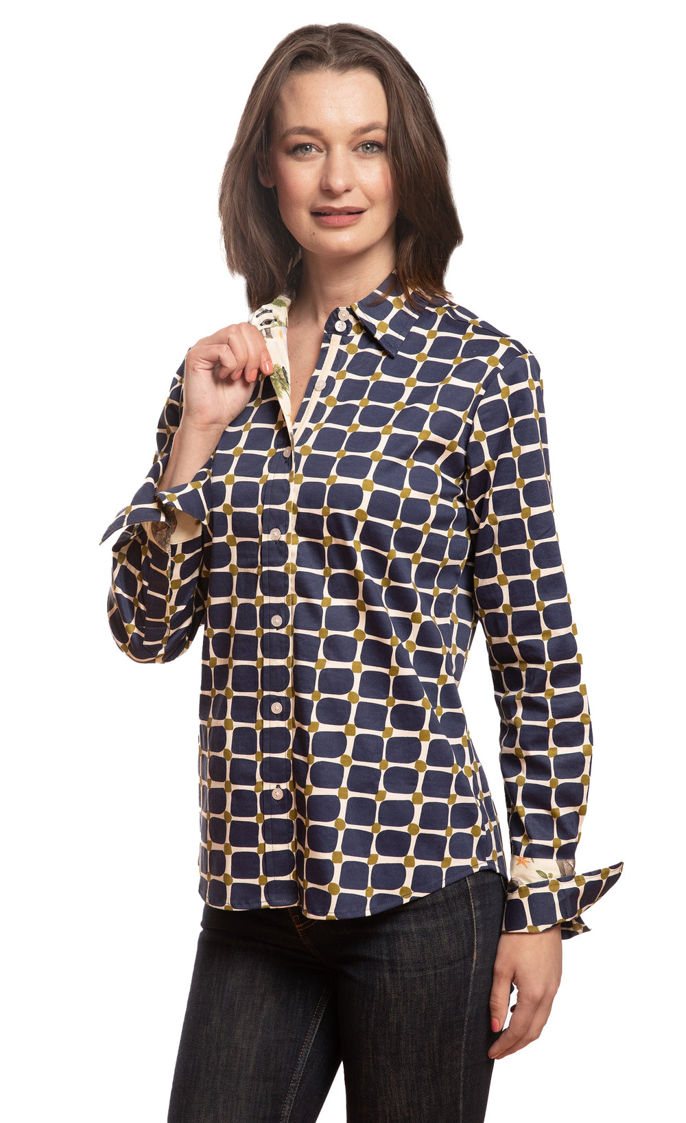 Rome Shirt Navy Olive Grid Print from KADOU Boutique