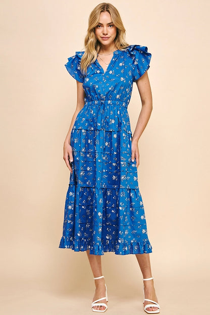 Print Tiered Maxi Dress - Blue