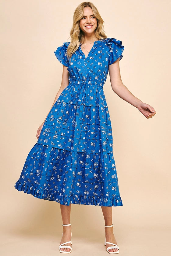 Print Tiered Maxi Dress - Blue