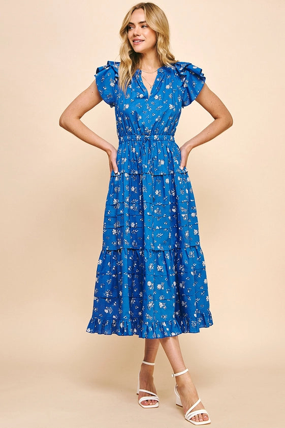 Print Tiered Maxi Dress - Blue