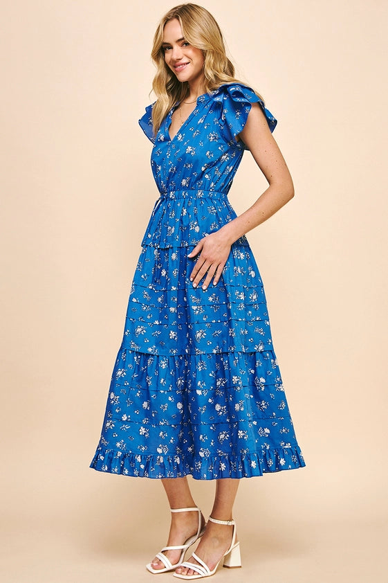 Print Tiered Maxi Dress - Blue