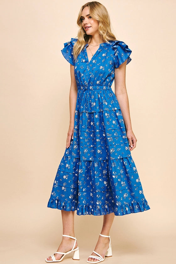 Print Tiered Maxi Dress - Blue