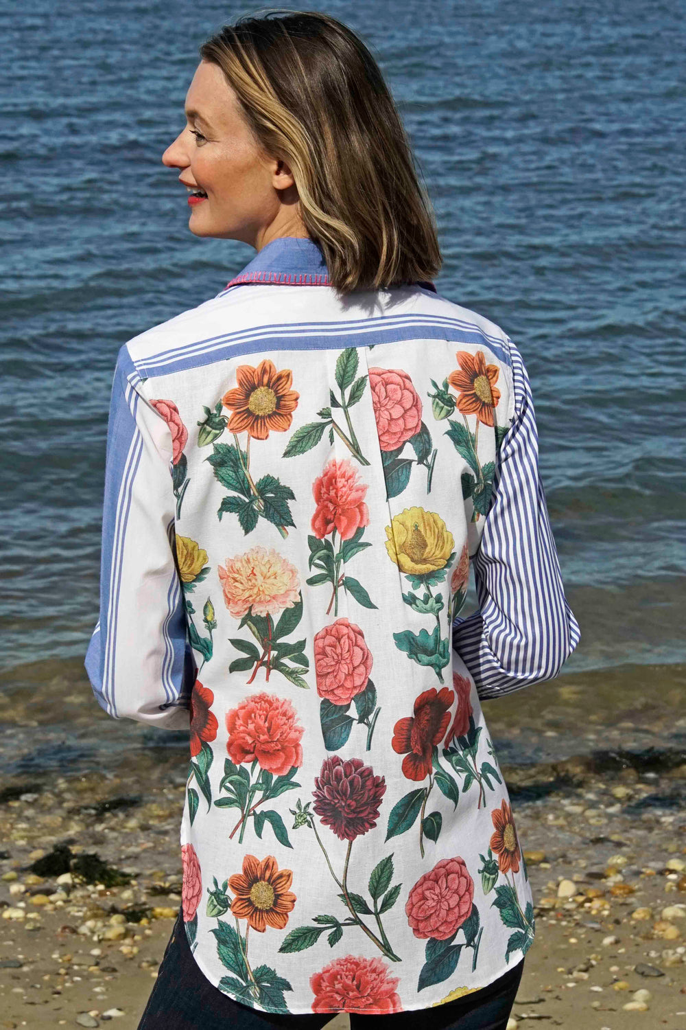 Madison Top Stripes and Flowers W Whipstitch At Collar from KADOU Boutique