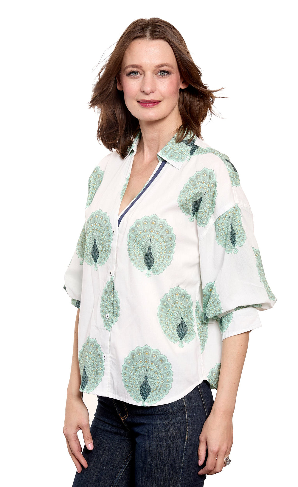 Milano Puff Sleeve Top Peacock Print Cotton Voile Ivory and Soft Green from KADOU Boutique
