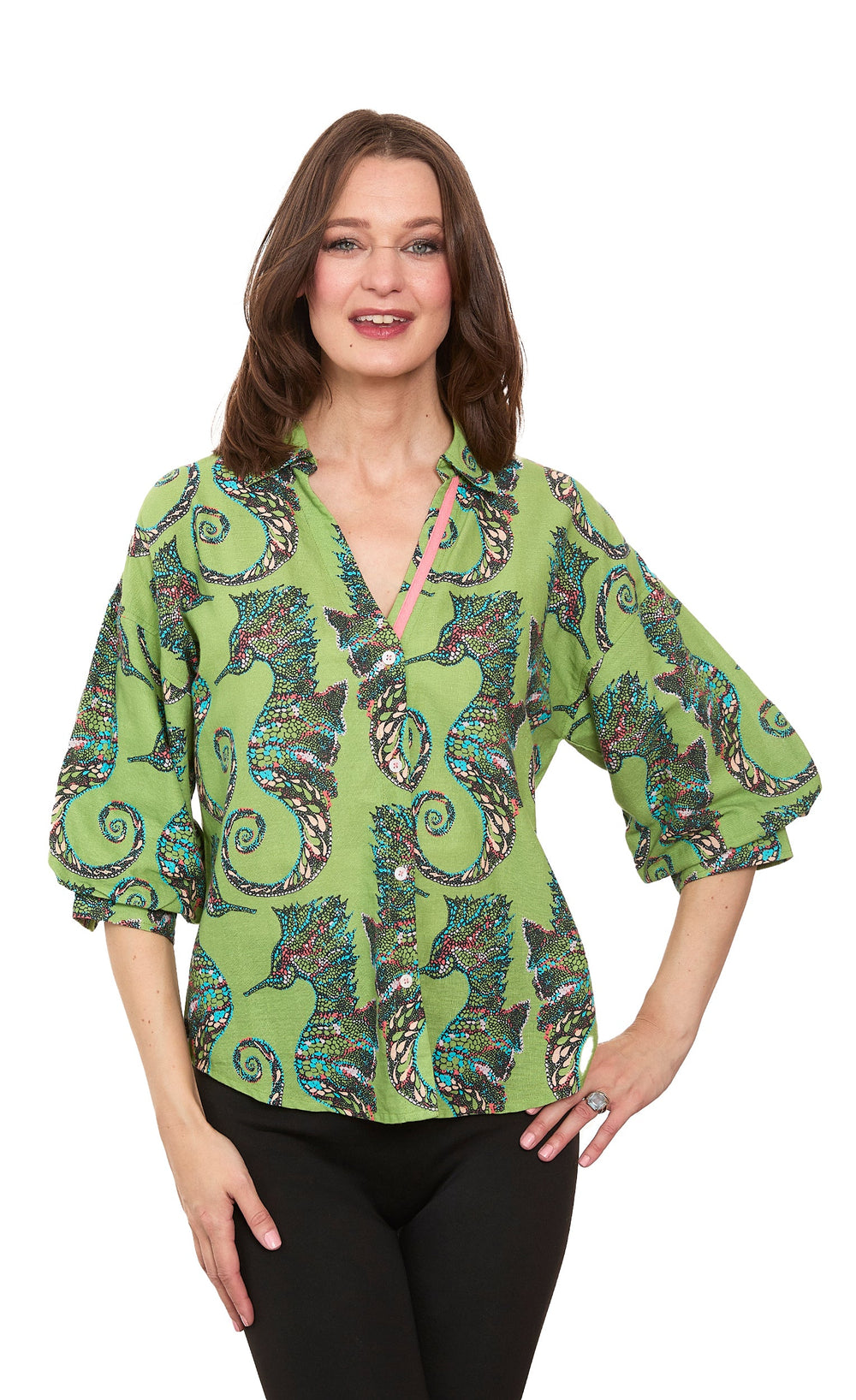 Milano Puff Sleeve Top Seahorse Print from KADOU Boutique