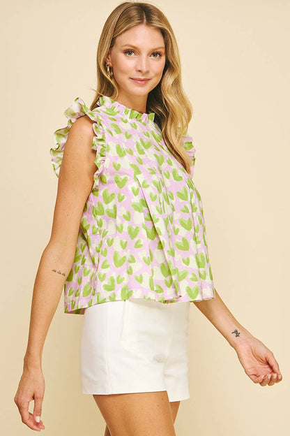 HEART PRINT RUFFLED SLEEVE TOP