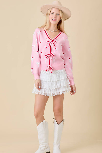 Sweater Knit Cardigan With Ribbon Bow Detail