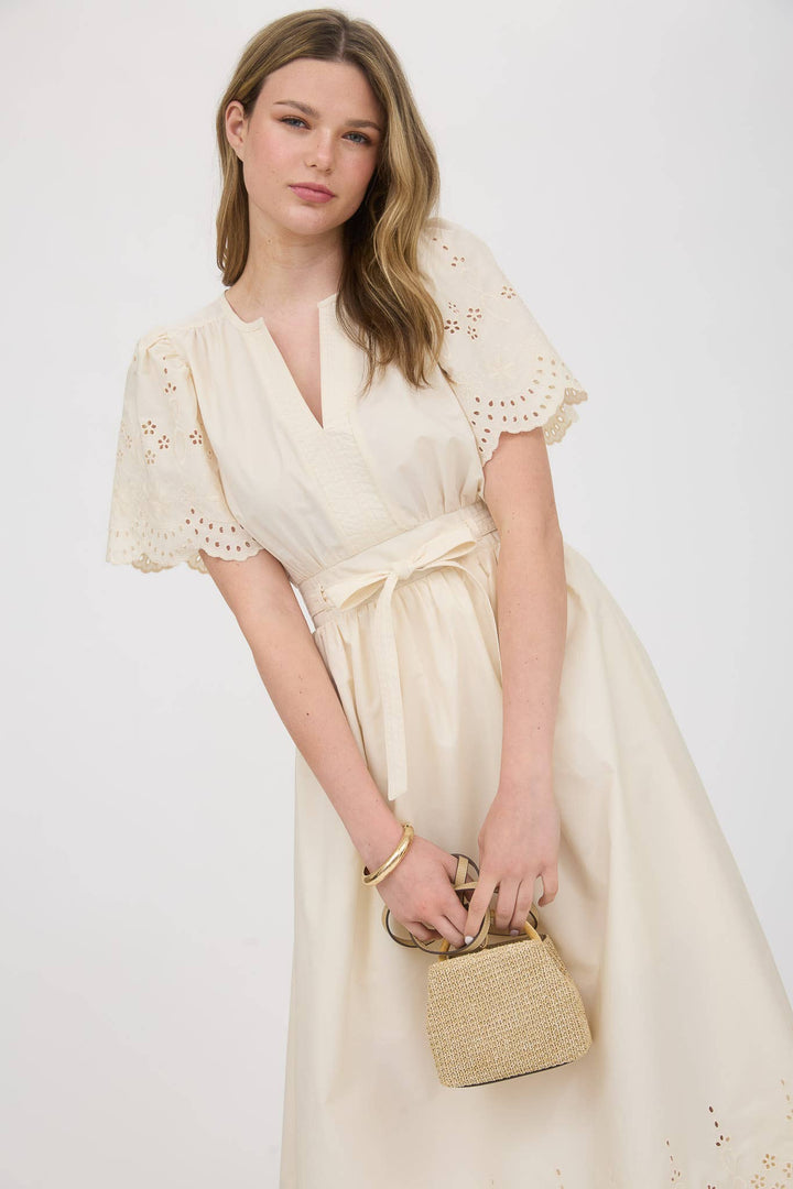 Eyelet Detail Belted Midi Dress