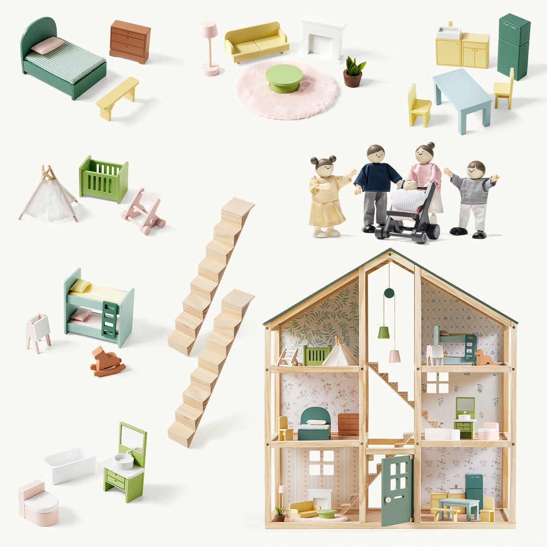 Tiny Land® Sweetwood Evergreen Dollhouse &amp; Wooden Dollhouse Dolls