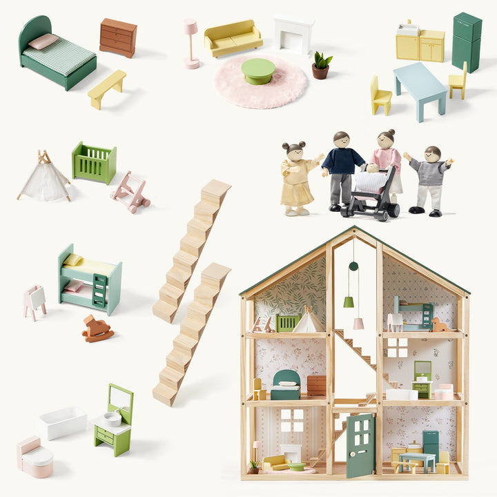Tiny Land® Sweetwood Evergreen Dollhouse &amp; Wooden Dollhouse Dolls