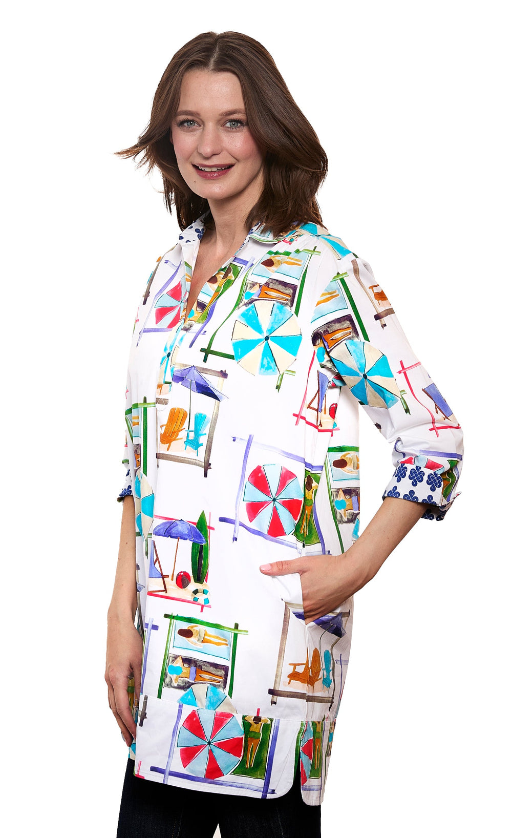 Vail Tunic White Ground Beach Chairs Print from KADOU Boutique
