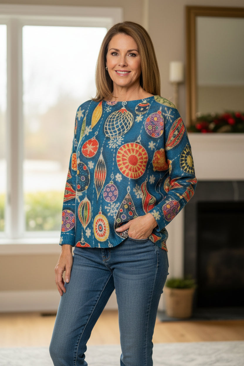 A long-sleeve knit top with a festive Christmas ornament pattern, hanging on a black hanger against a white paneled door.