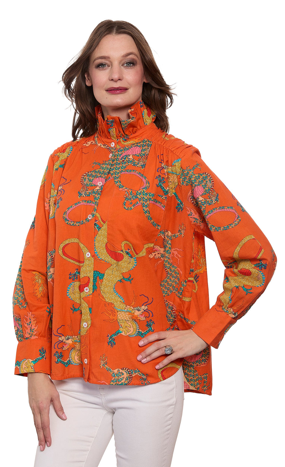 Sun Valley Oversized Shirt with Ruffle Collar Orange Dragon Print Cotton Linen from KADOU Boutique