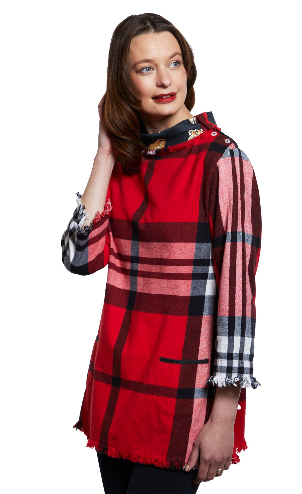 Aspen Cowl Neck Tunic with Fringe and Button Neck in Red Yarndyed Flannel Plaid from KADOU Boutique