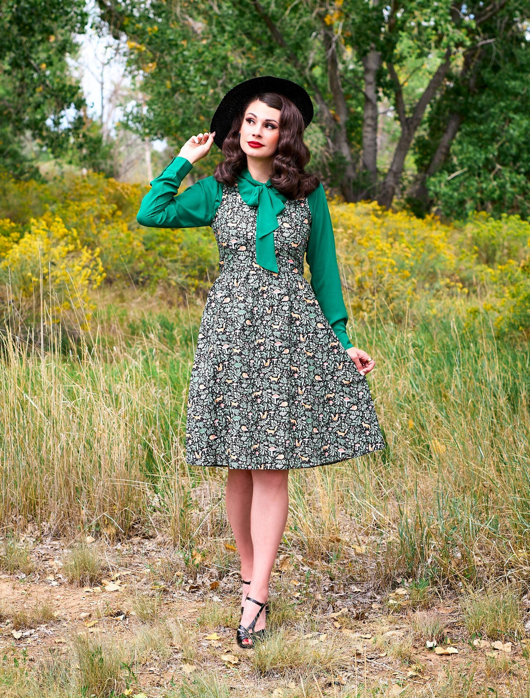 Vintage fox print fit and flare dress with pockets