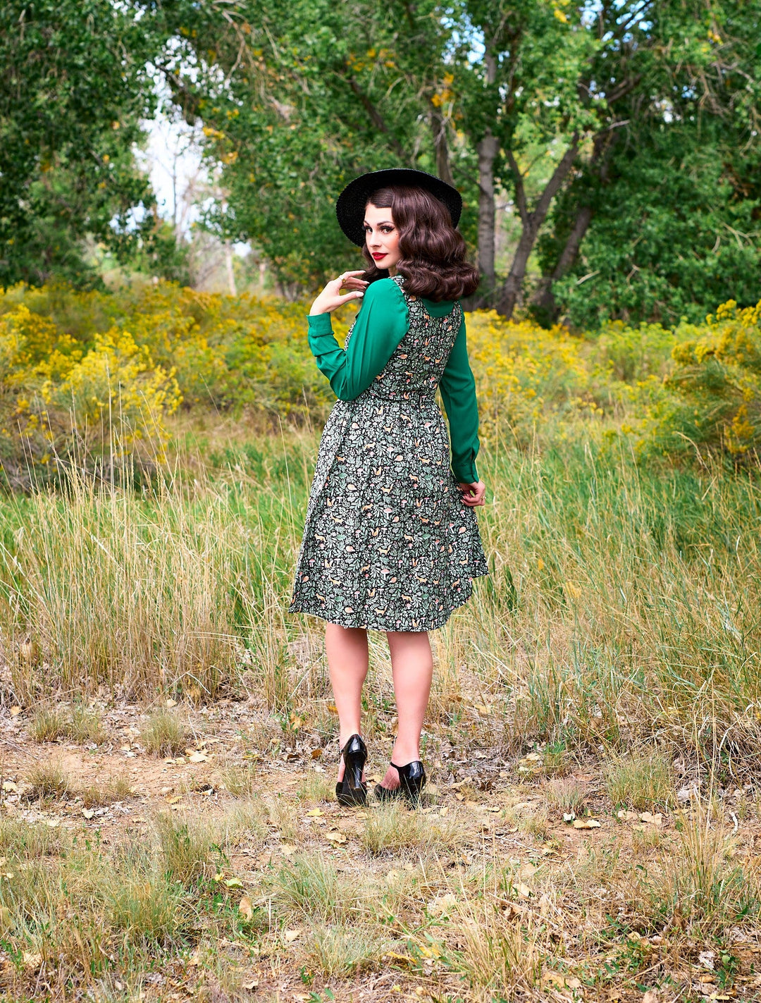 Vintage fox print fit and flare dress with pockets