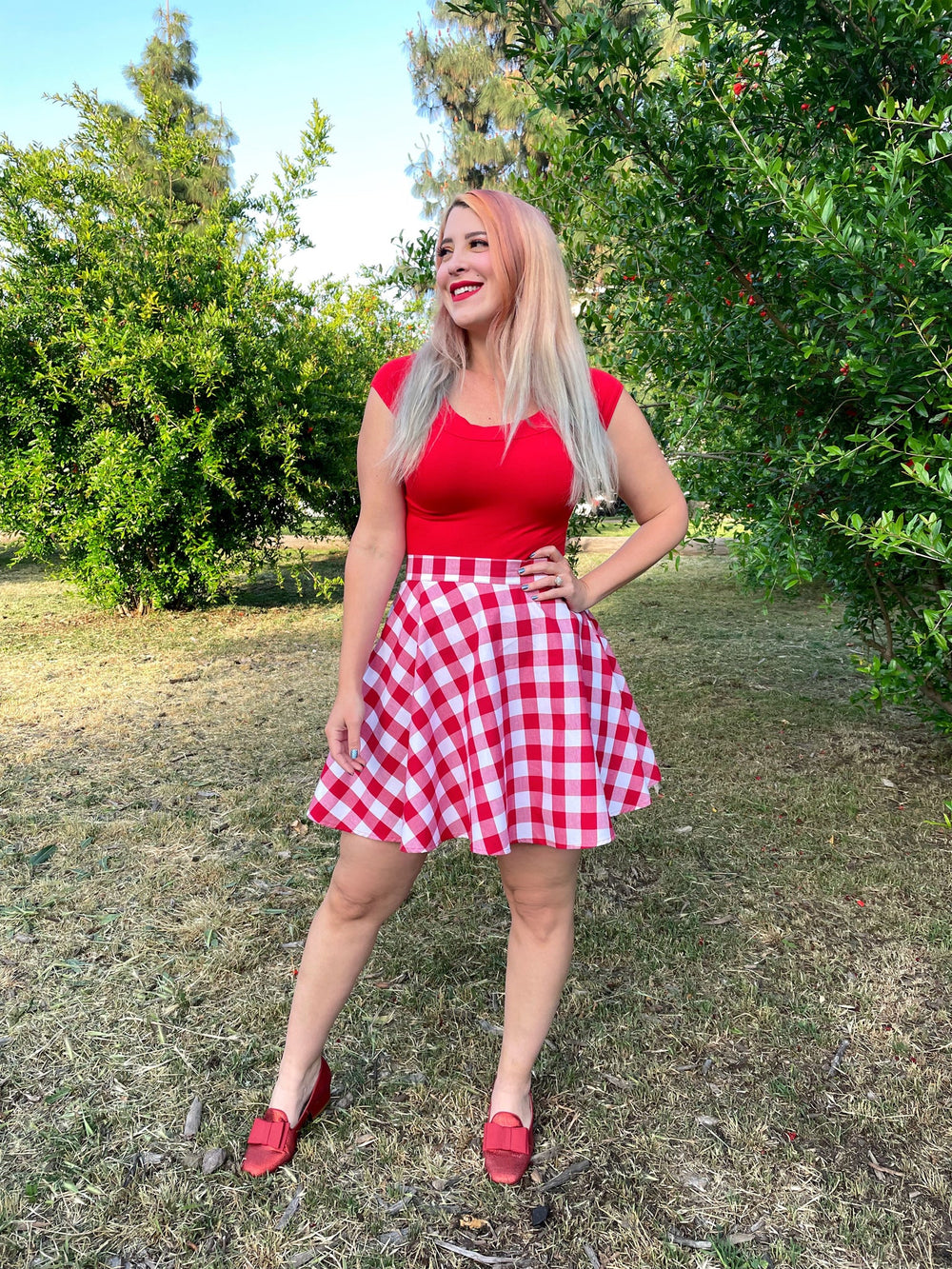 Red Gingham Skater Skirt from KADOU Boutique