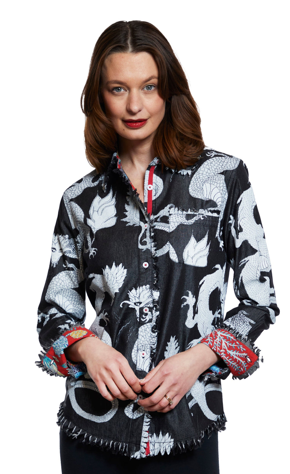 Cape Cod Tunic Black Denim with White Dragons from KADOU Boutique