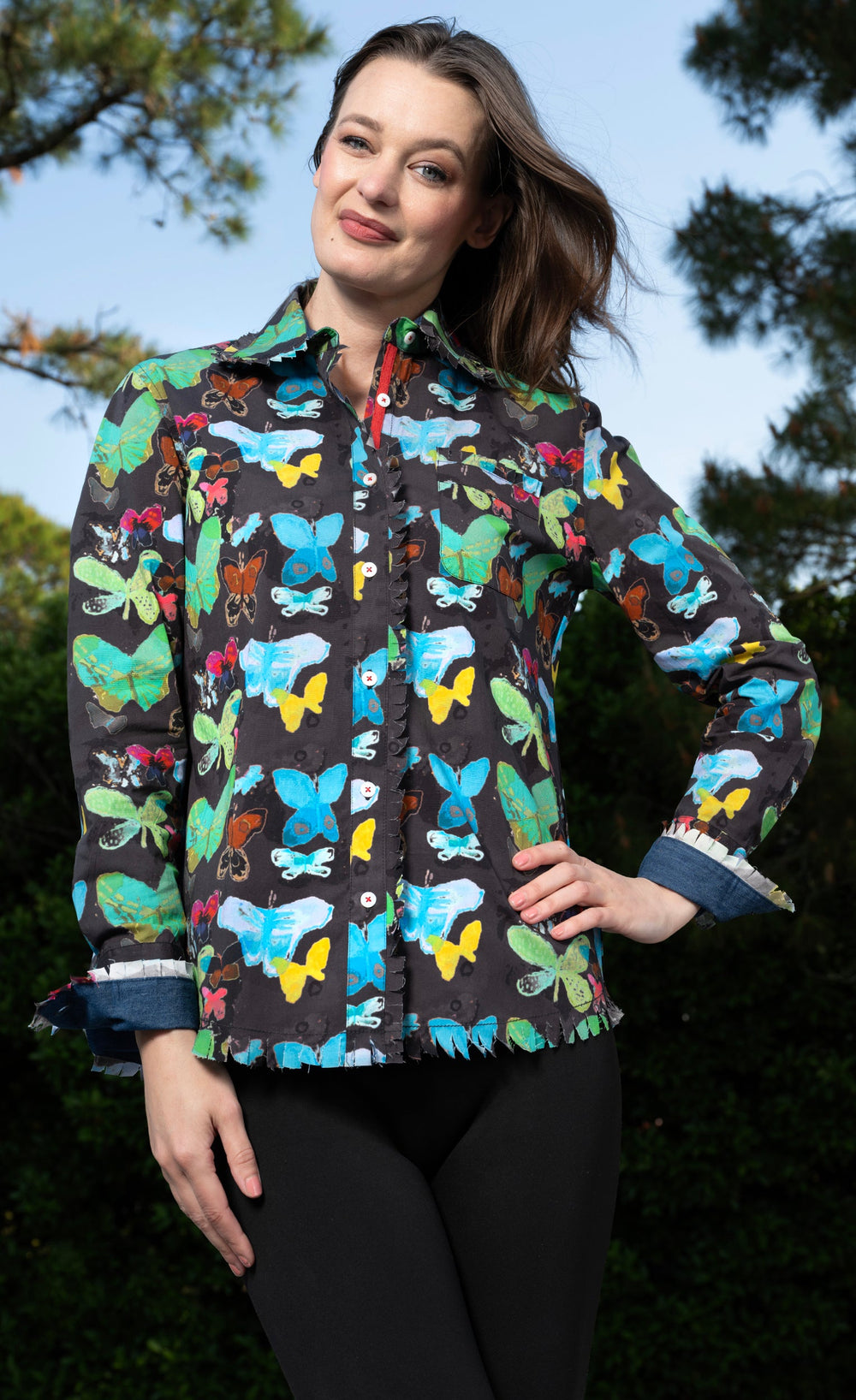 Cape Cod Top Black Ground Butterfly Print from KADOU Boutique