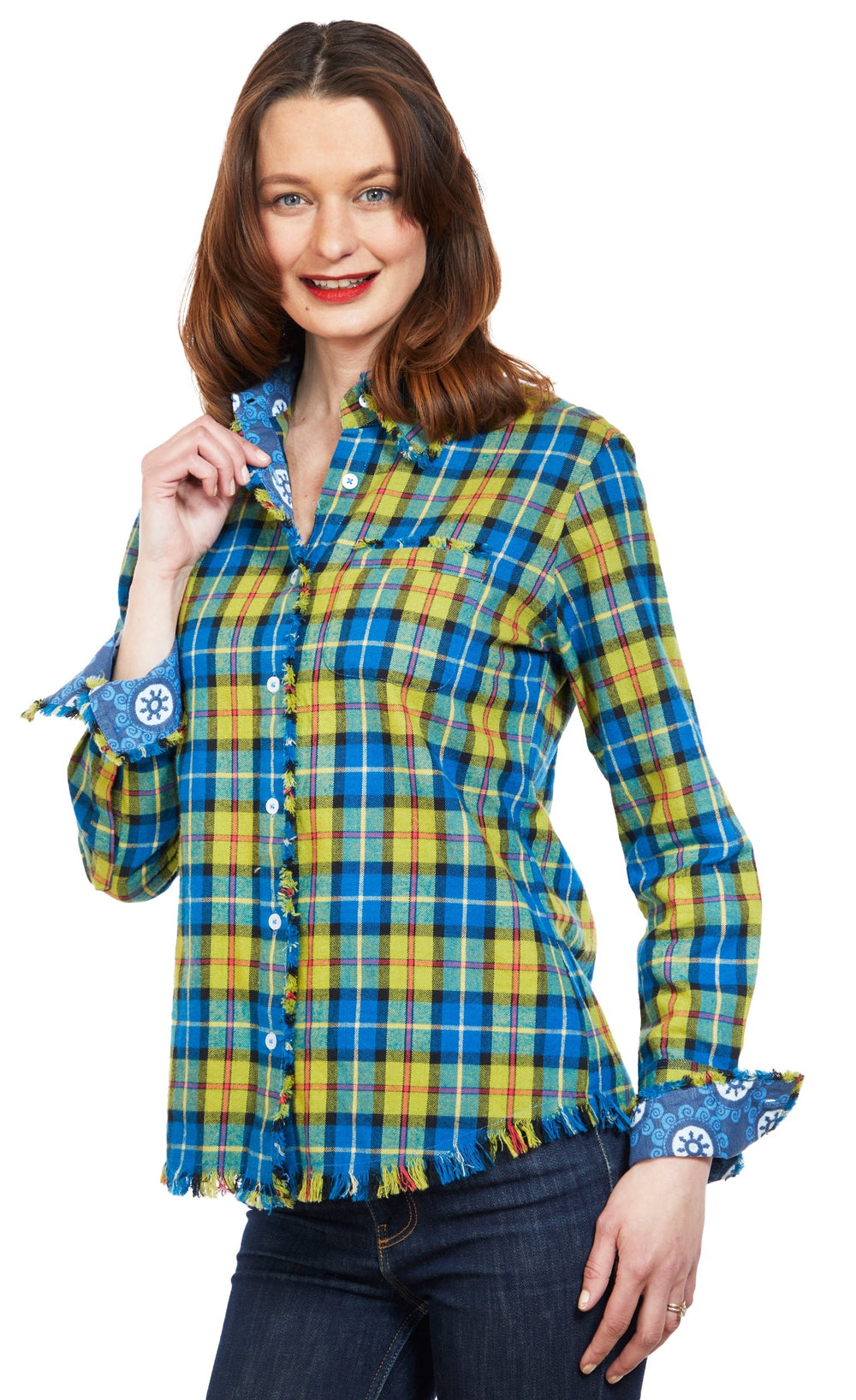 Cape Cod Tunic with Fringe Bottom in Indigo Blue Yarn Dyed Flannel Plaid from KADOU Boutique