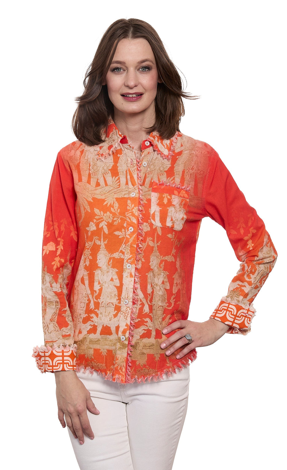 Cape Cod Top Orange Gold Thai Dancers Print Cotton Linen from KADOU Boutique