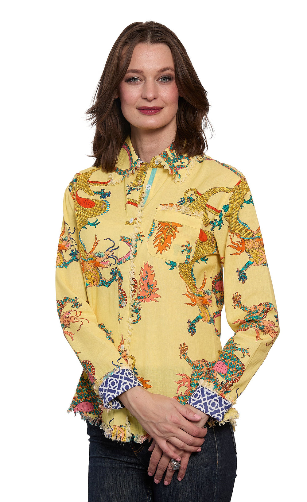 Cape Cod Top Butter Yellow Dragon Print On Cotton Linen from KADOU Boutique