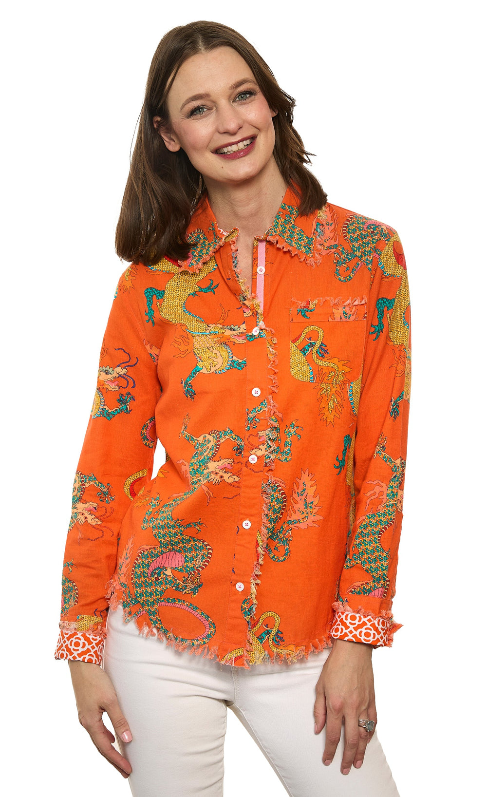 Cape Cod Top Orange Dragon Print On Cotton Linen from KADOU Boutique