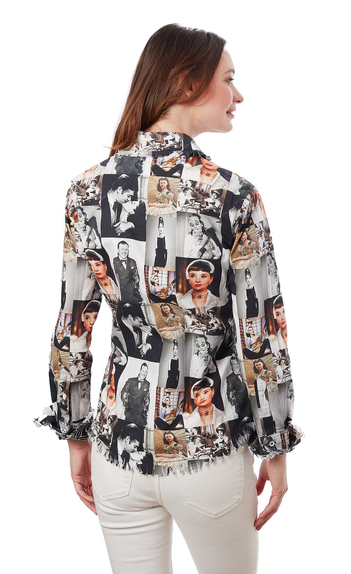Woman wearing a patterned blouse with a collage of images on a white background