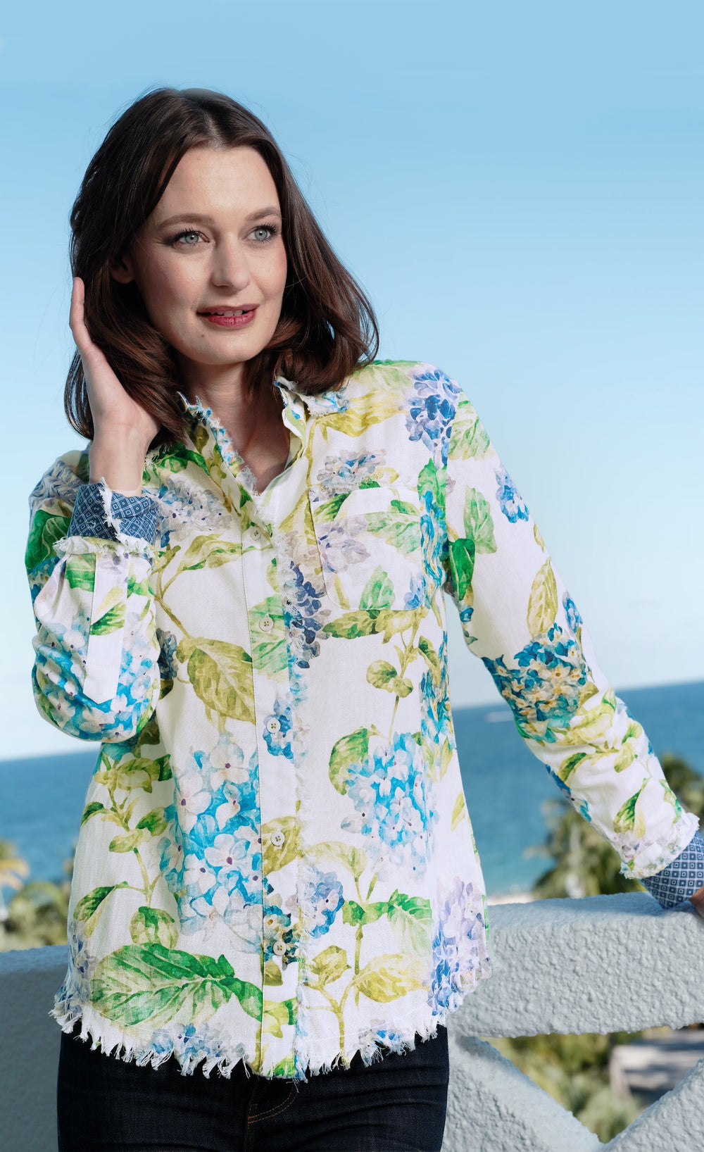 Cape Cod Top Linen Cotton Hydrangea Print Top from KADOU Boutique