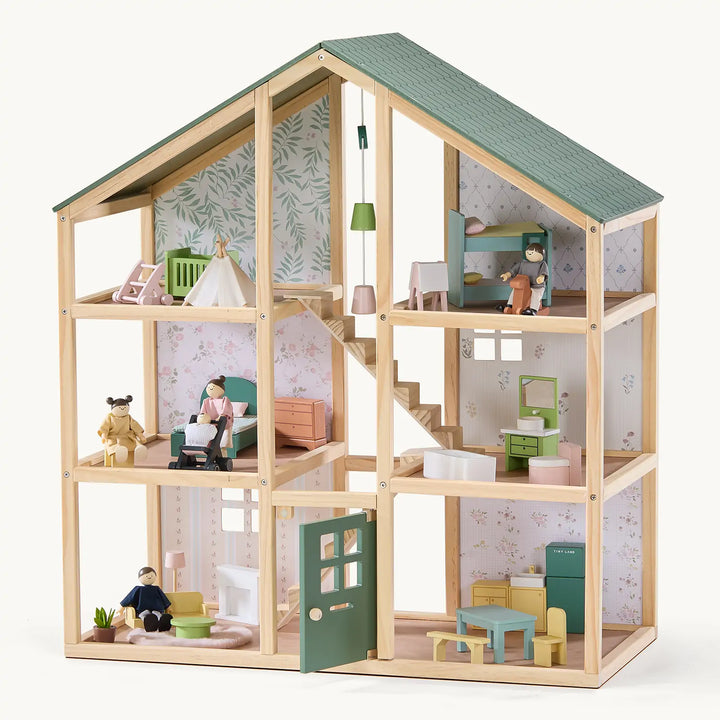 Tiny Land® Sweetwood Evergreen Dollhouse &amp; Wooden Dollhouse Dolls