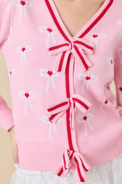 Sweater Knit Cardigan With Ribbon Bow Detail