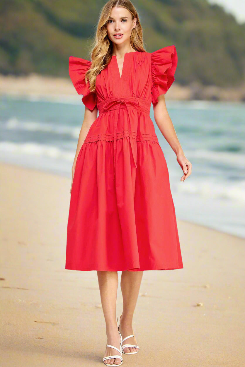 Flutter sleeve 100 % cotton midi dress 