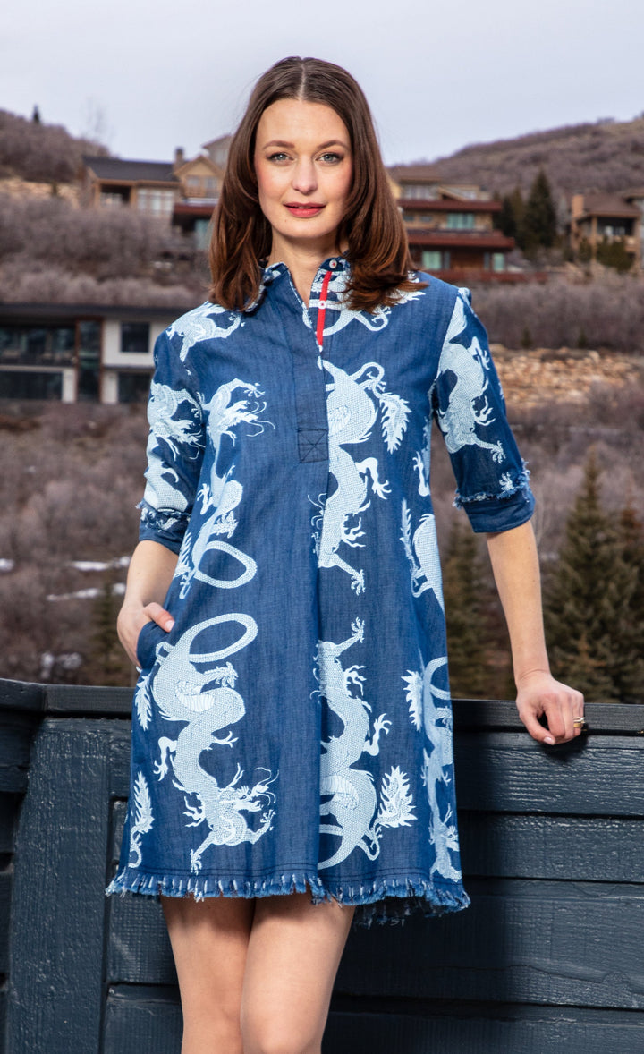 Chatham Dress Denim Dragon Print