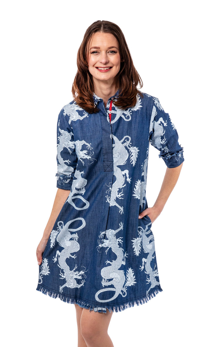 Chatham Dress Denim Dragon Print