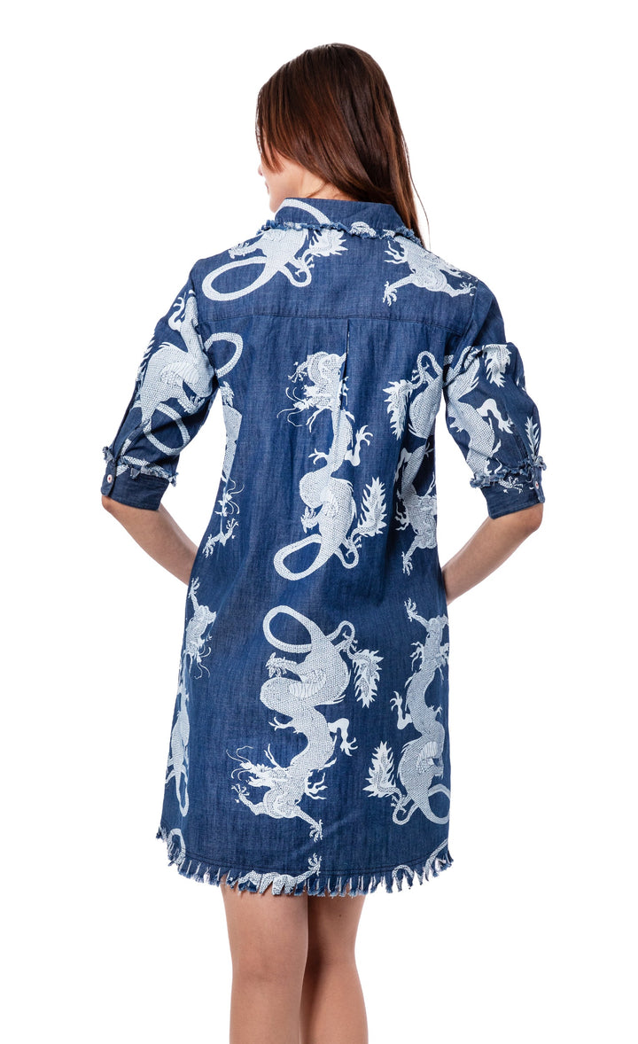 Chatham Dress Denim Dragon Print