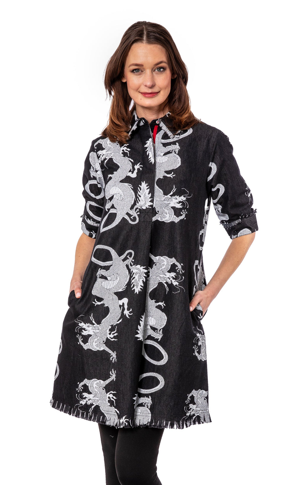 Chatham Dress Black Denim Dragons from KADOU Boutique