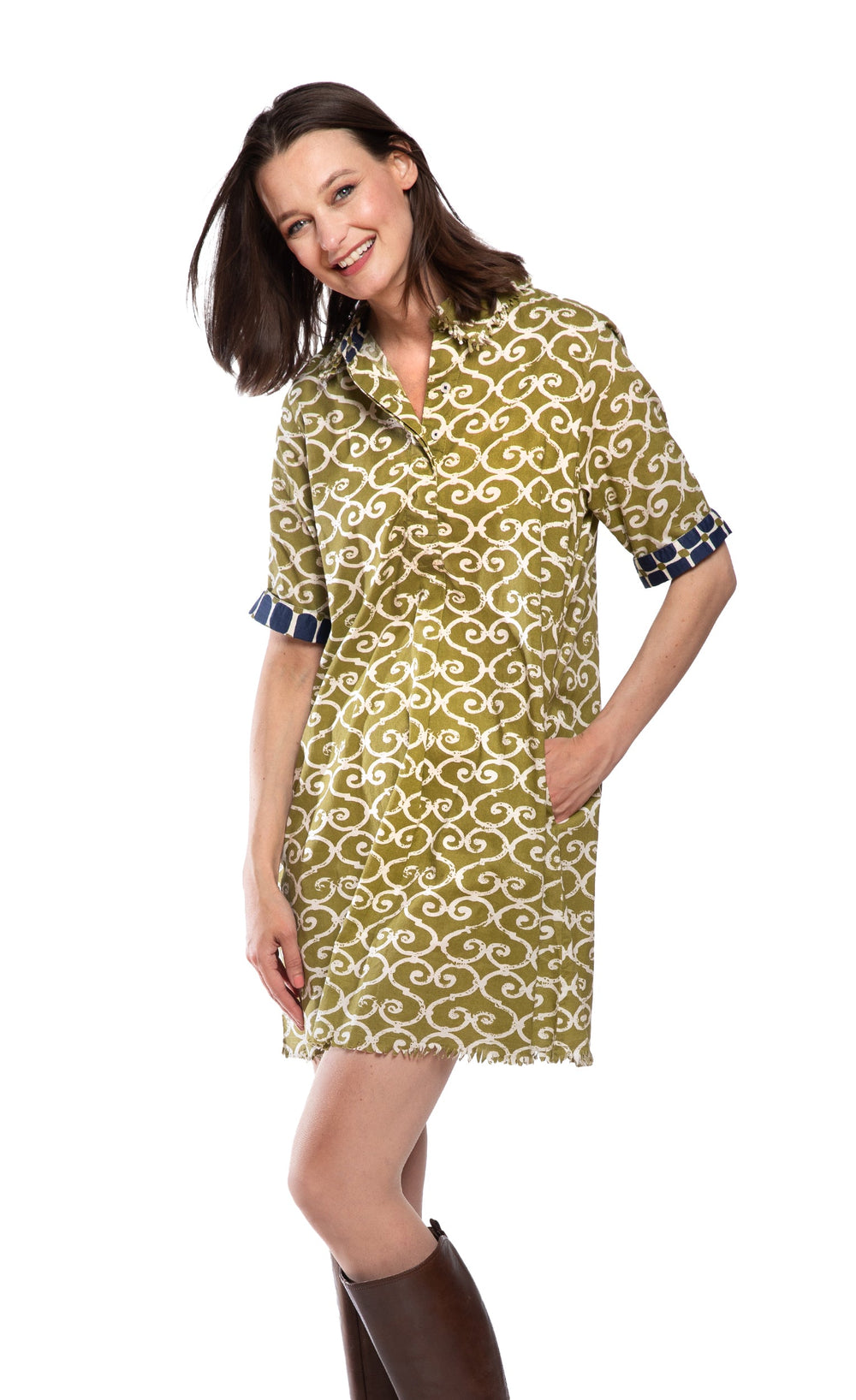 Chatham Dress Green Ivory Swirl Print from KADOU Boutique