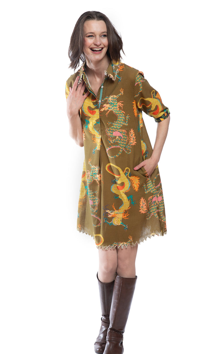 Chatham Dress Olive Dragon Print