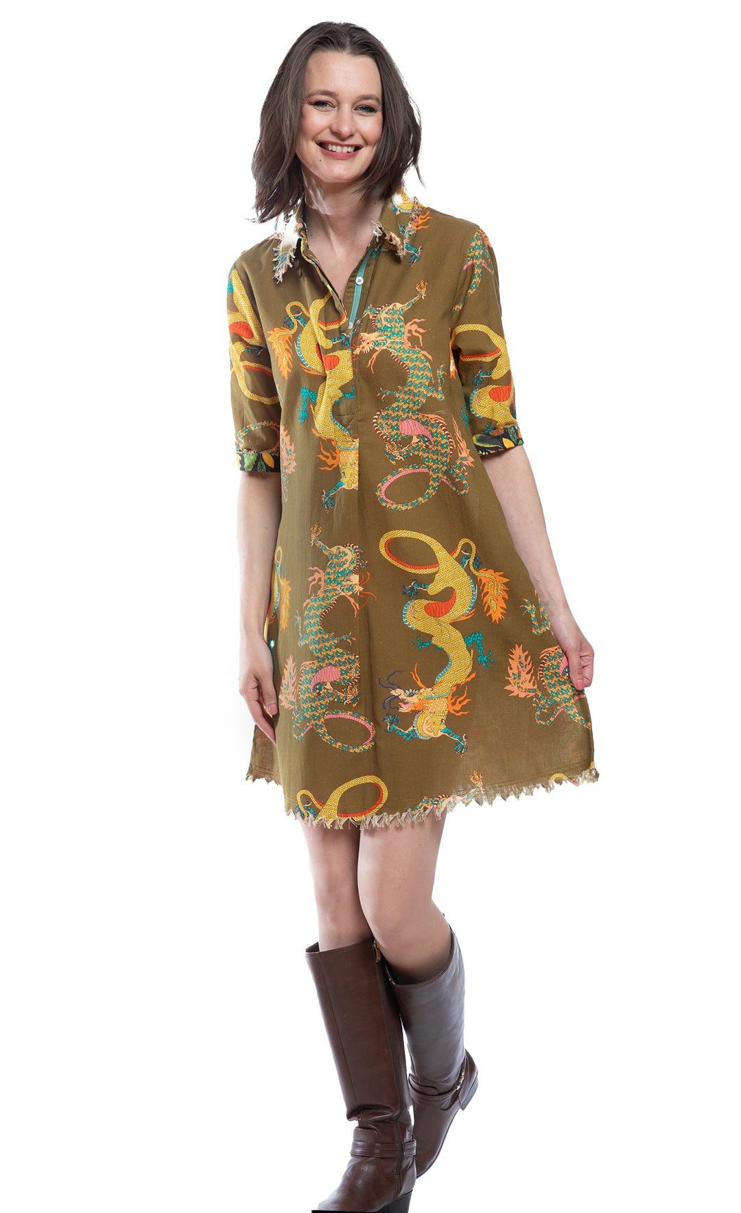 Chatham Dress Olive Dragon Print