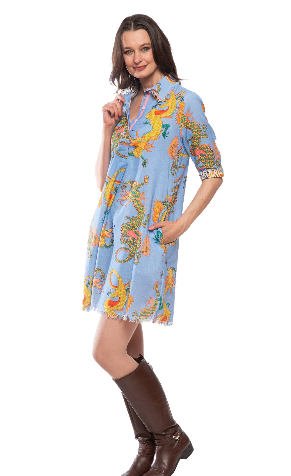 Chatham Dress Blue Dragon Print from KADOU Boutique